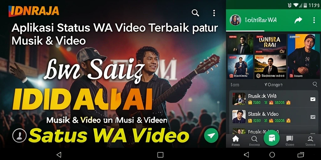 Screenshot antarmuka aplikasi IDNRAJA dengan pilihan video Status WA.